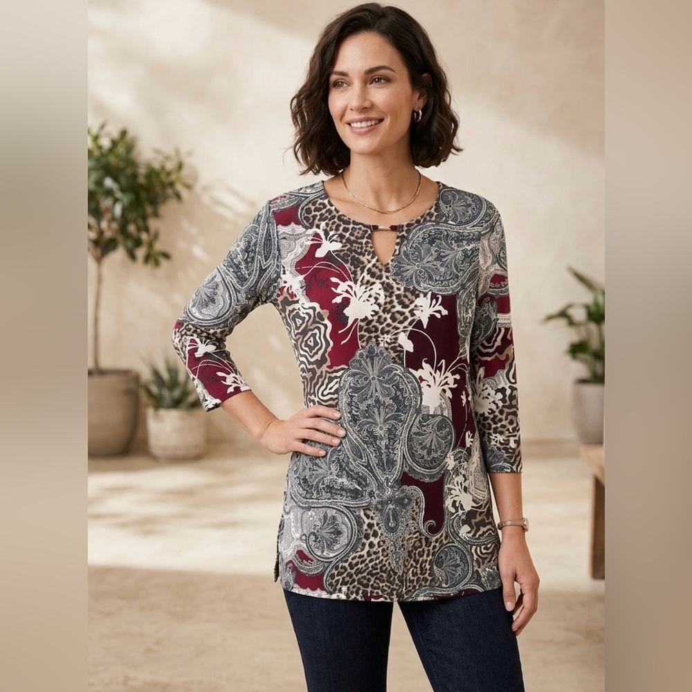 Chicos Paisley Mingle Mixed Pattern Stretch Knit Blouse